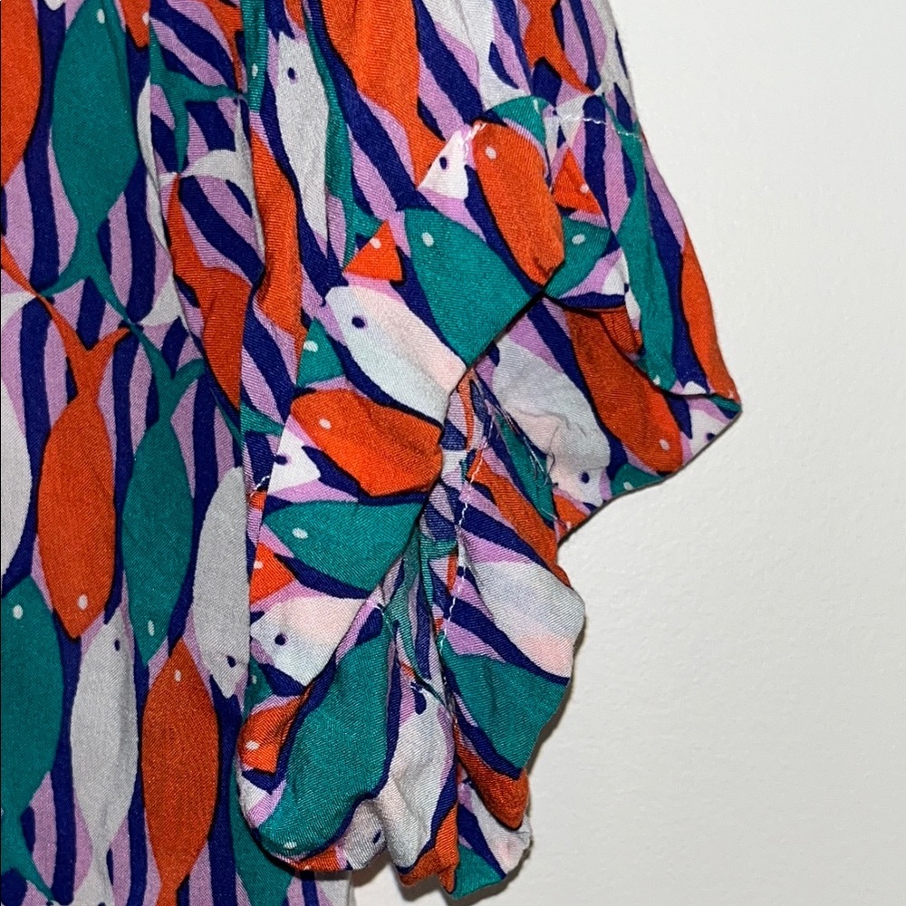 Maeve Printed Short-Sleeve Button Front Blouse in Teal, Orange & Purple - Picture 4 of 11